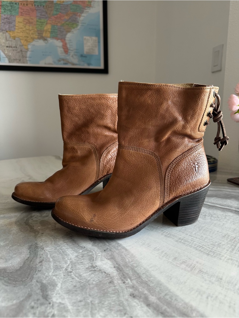 Frye Carmen Back Lace Brown Leather Ankle Boots